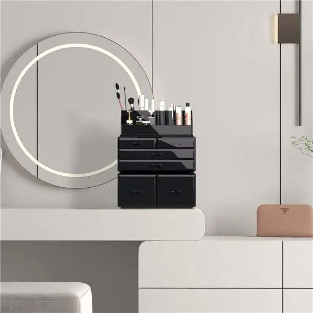 Black makeup organizer 3 piece set with drawers cosmetic storage case box